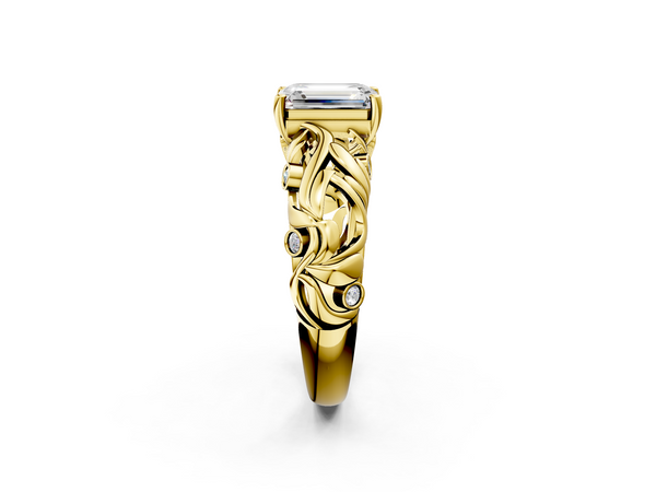 Yellow gold Emerald Cut Solitaire Diamond Leaf-Inspired Vine Band Ring with Prong Setting