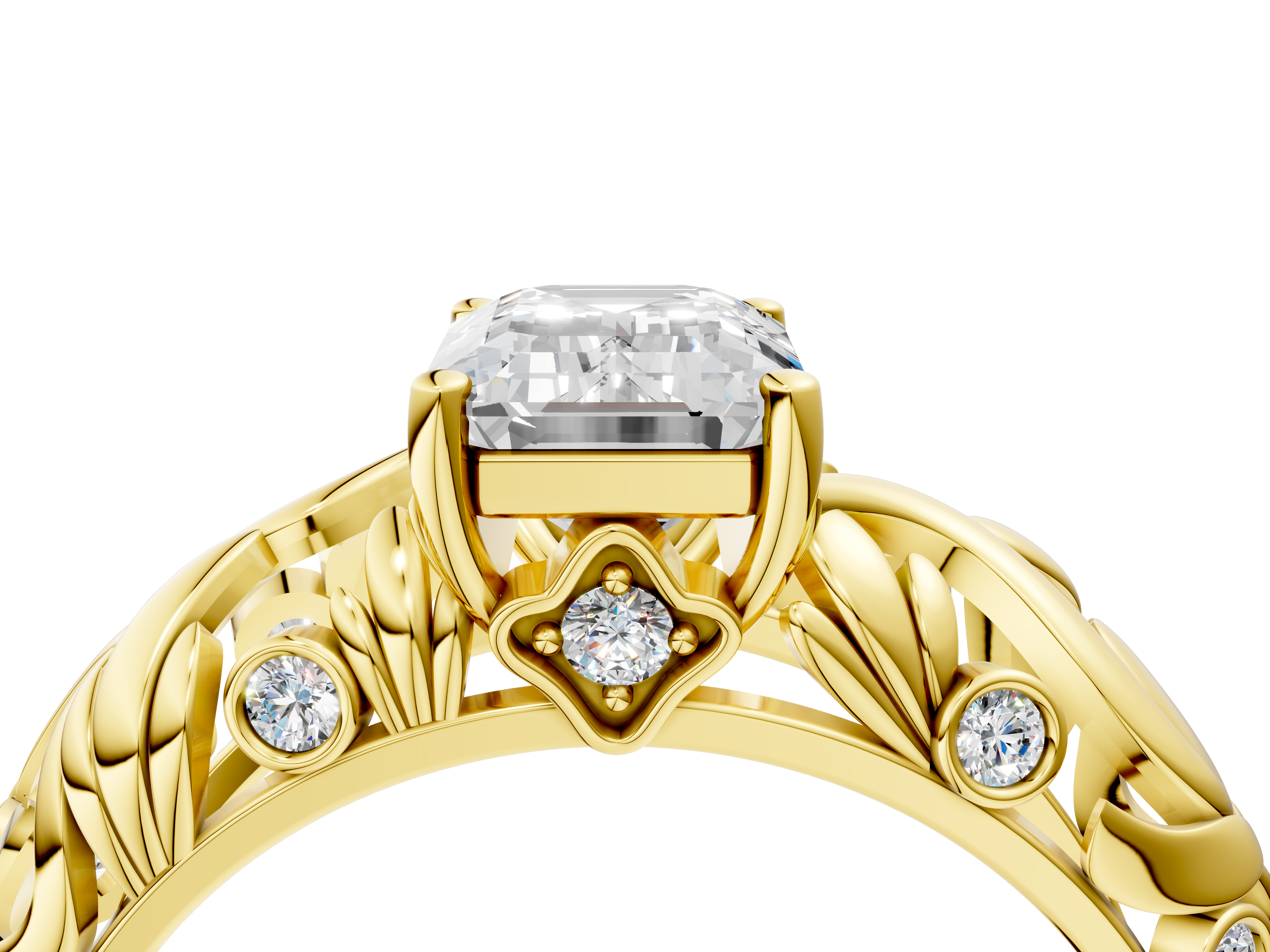 Yellow gold Emerald Solitaire Diamond Leaf Vine Band with Prong Setting_59