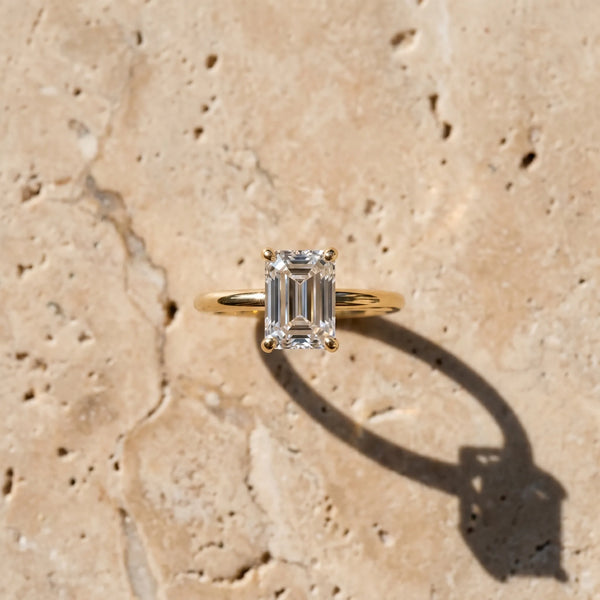 Yellow gold Emerald Solitaire Diamond Ring with 4-Prong Setting on a Classic Band