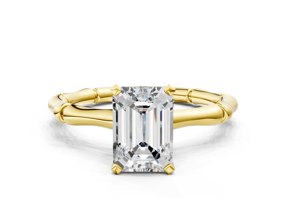 Yellow gold Emerald Solitaire Diamond Ring with Bamboo Band and Four-Prong Setting_73