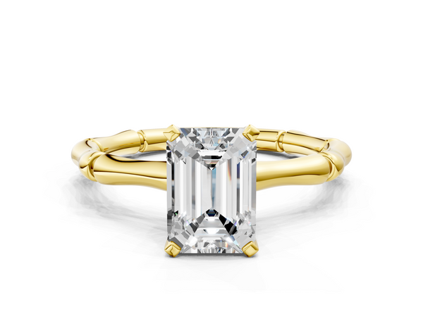Yellow Gold Emerald Cut Solitaire Engagement Ring Setting with Bamboo Band and Basket Head