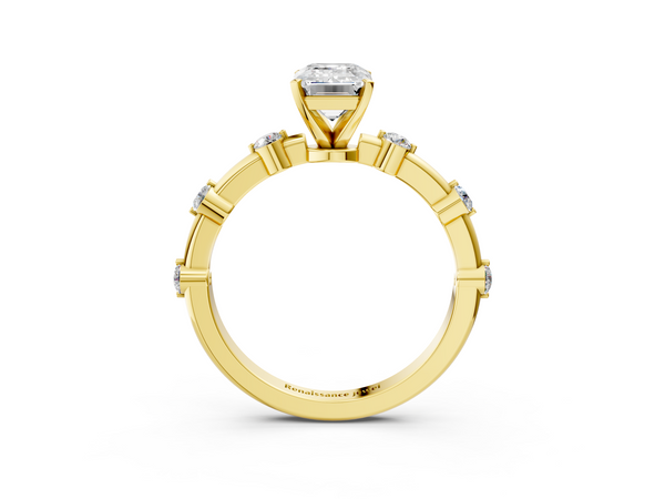 Yellow gold Emerald Solitaire Diamond Ring with Bezel Set Side Stones and Prong Setting