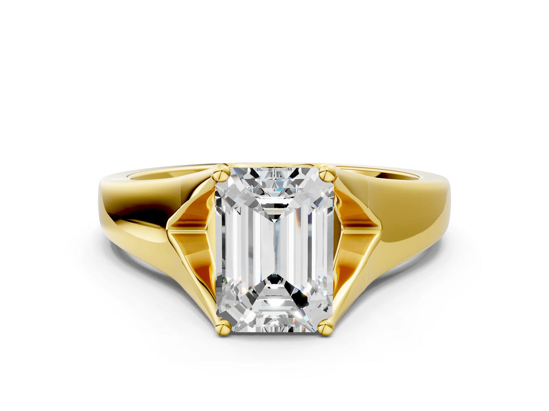 Yellow gold Emerald Solitaire Diamond Ring with Cathedral Band and Four-Prong Setting_62