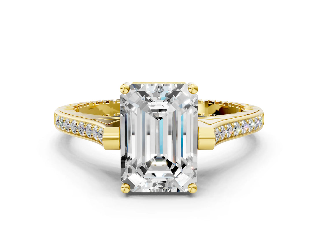 Yellow gold Emerald Solitaire Diamond Ring with Channel Set Band and Bezel Prong Setting_56