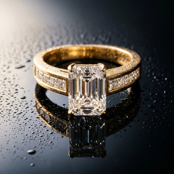 Yellow gold Emerald Solitaire Diamond Ring with Channel-Set Band and Four-Prong Setting