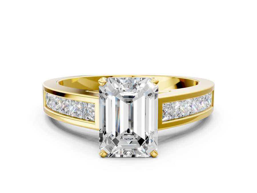 Yellow gold Emerald Solitaire Diamond Ring with Channel-Set Band and Four-Prong Setting