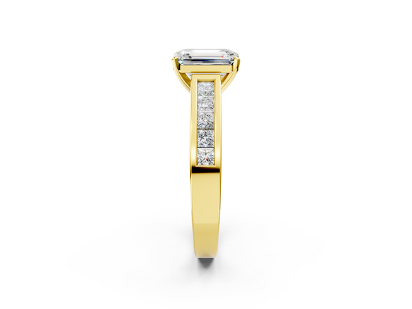 Yellow gold Emerald Solitaire Diamond Ring with Channel-Set Band and Four-Prong Setting