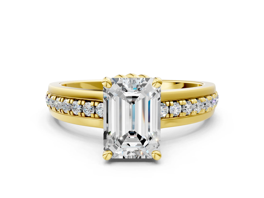 Yellow gold Emerald Solitaire Diamond Ring with Channel Set Band and Six-Prong Setting_48
