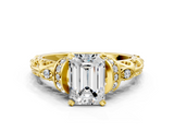 Yellow gold Emerald Solitaire Diamond Ring with Filigree Band and Four-Prong Setting_64