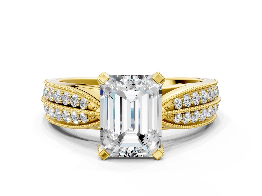 Yellow gold Emerald Solitaire Diamond Ring with Milgrain Pavé Band and Four-Prong Setting_157