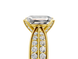 Yellow gold Emerald Solitaire Diamond Ring with Milgrain Pavé Band and Four-Prong Setting_162