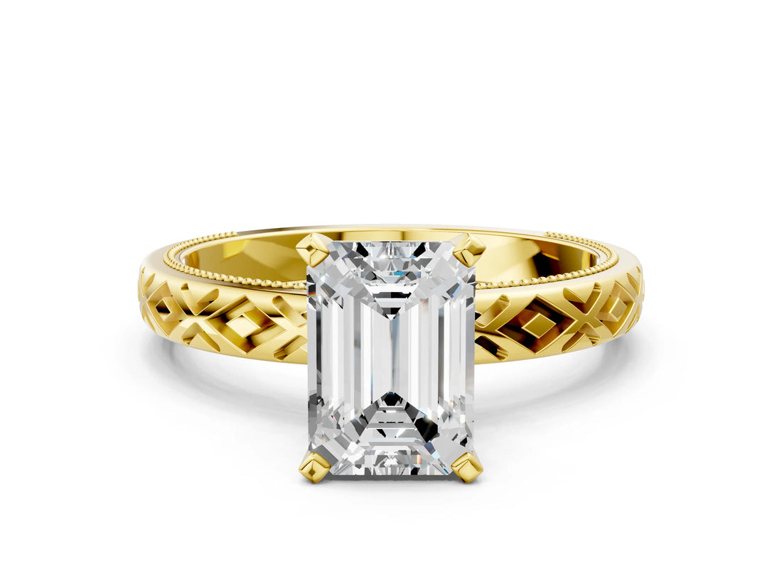 Yellow gold Emerald Solitaire Diamond Ring with Milgrain and Black Enamel X Pattern Band_138