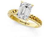 Yellow gold Emerald Solitaire Diamond Ring with Milgrain and Black Enamel X Pattern Band_139