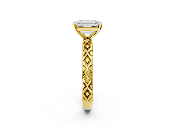 Yellow Gold Emerald Cut Vintage Solitaire Engagement Ring Setting with Milgrain X Pattern Band
