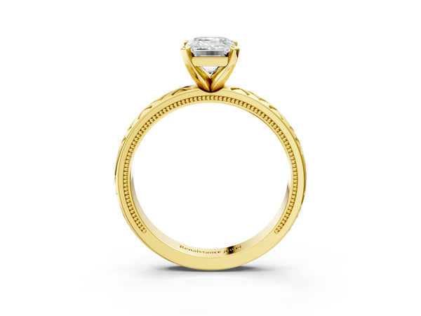 Yellow Gold Emerald Cut Vintage Solitaire Engagement Ring Setting with Milgrain X Pattern Band