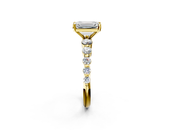 Yellow gold Emerald Cut Solitaire Diamond Ring with Pave Band and Four-Prong Setting