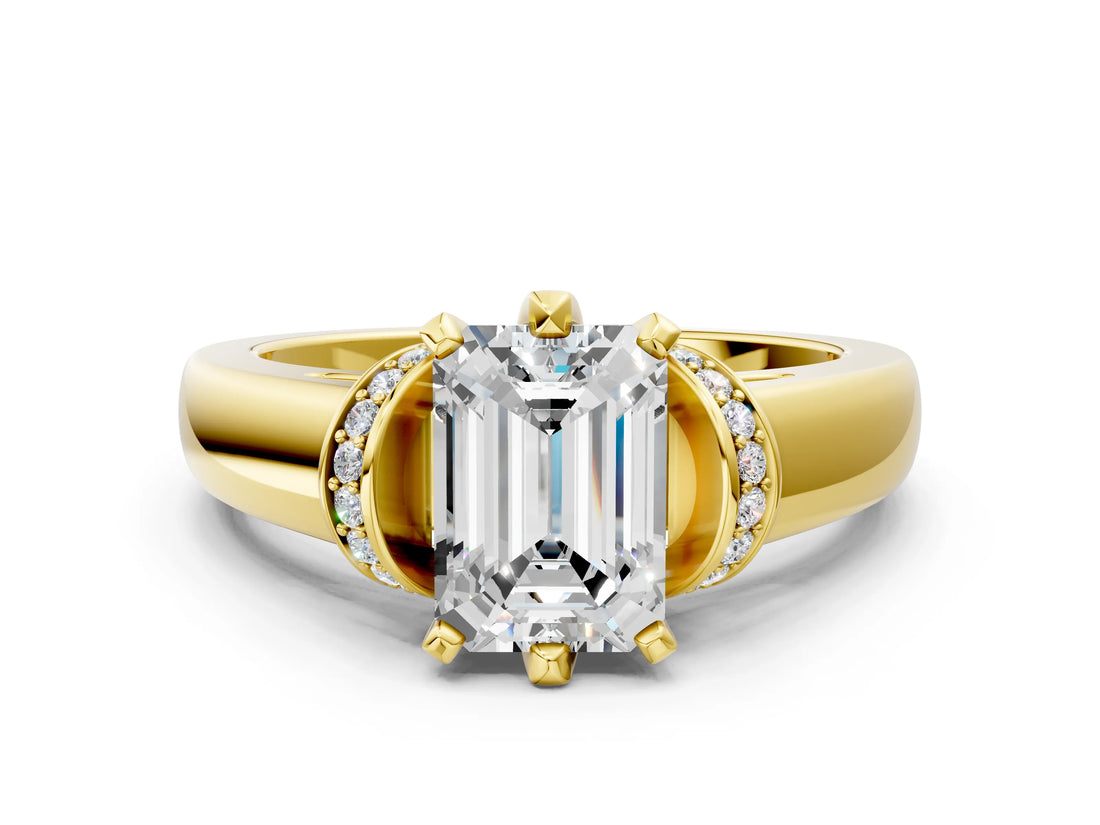 Yellow gold Emerald Solitaire Diamond Ring with Pave Band and Six-Prong Setting_35