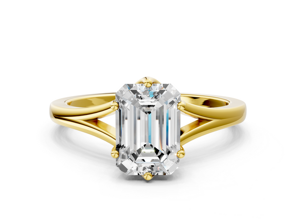 Yellow gold Emerald Solitaire Diamond Ring with Six-Prong Setting and Tapered Band