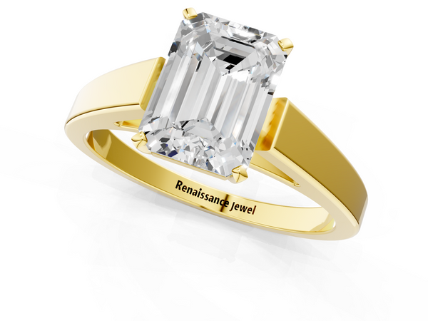 Yellow gold Emerald Solitaire Engagement Ring with Four-Prong Setting and Tapered Band