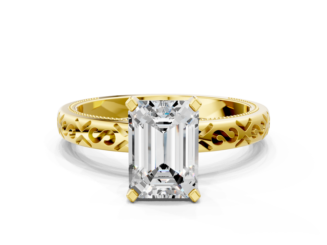 Yellow gold Emerald Solitaire Engagement Ring with Scrollwork Band and Four-Prong Setting_181