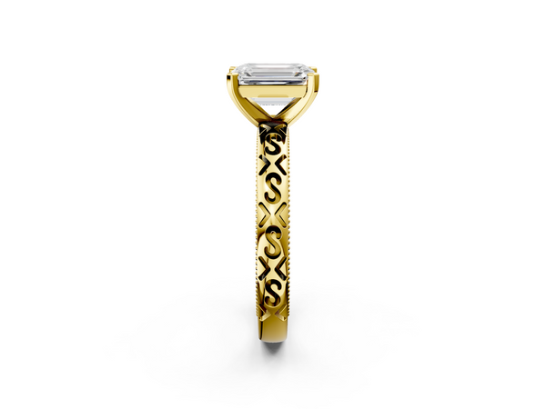 Yellow Gold Emerald Cut Solitaire Engagement Ring Setting with Openwork Scroll Band