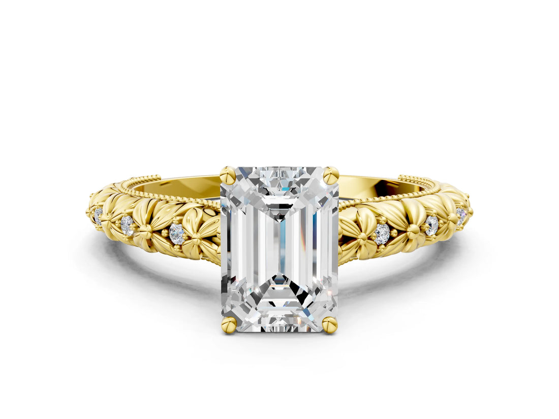Yellow gold Emerald Solitaire Floral Milgrain Engagement Ring_48
