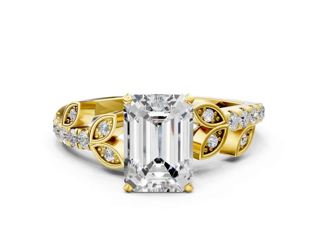 Yellow gold Emerald Solitaire Leaf-Inspired Diamond Ring with Pavé Band and Four-Prong Setting_4