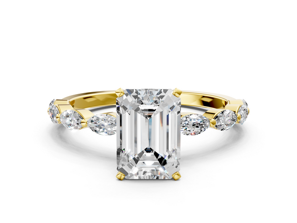 Yellow Gold Emerald Cut Engagement Ring Setting with Marquise Side Stones Along the Band
