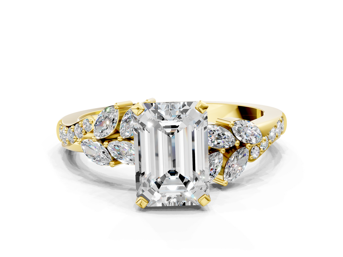 Yellow gold Emerald Solitaire Marquise Twist Band with Six-Prong Setting_93