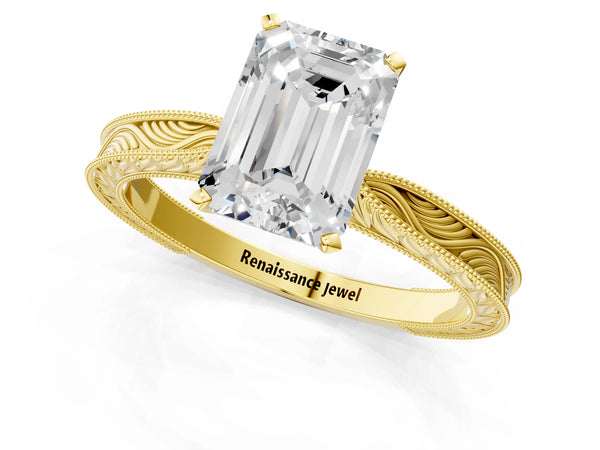 Yellow Gold Emerald Cut Vintage Solitaire Engagement Ring Setting with Milgrain Engraved Band