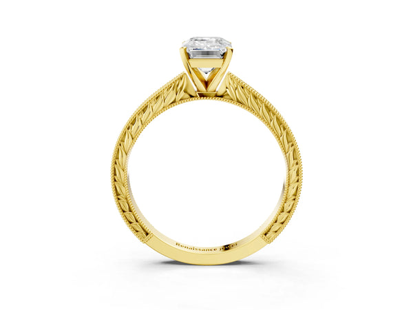 Yellow Gold Emerald Cut Vintage Solitaire Engagement Ring Setting with Milgrain Engraved Band