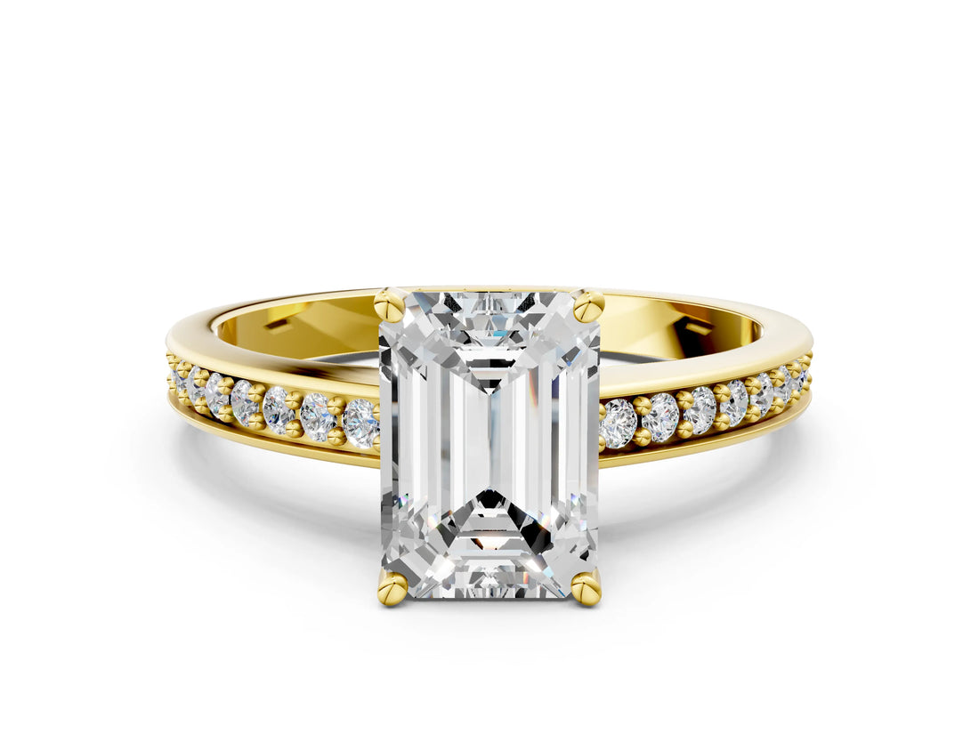 Yellow gold Emerald Solitaire Pavé Band Prong Setting Ring_49