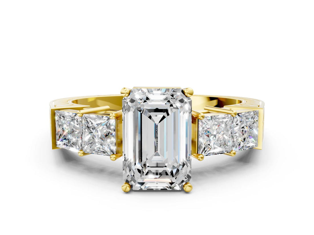 Yellow gold Emerald Solitaire Princess Side Stone Engraved Band Prong Setting Ring_3