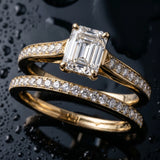 Yellow gold Emerald Solitaire Prong Set Diamond Engagement Ring with Pave Band_9