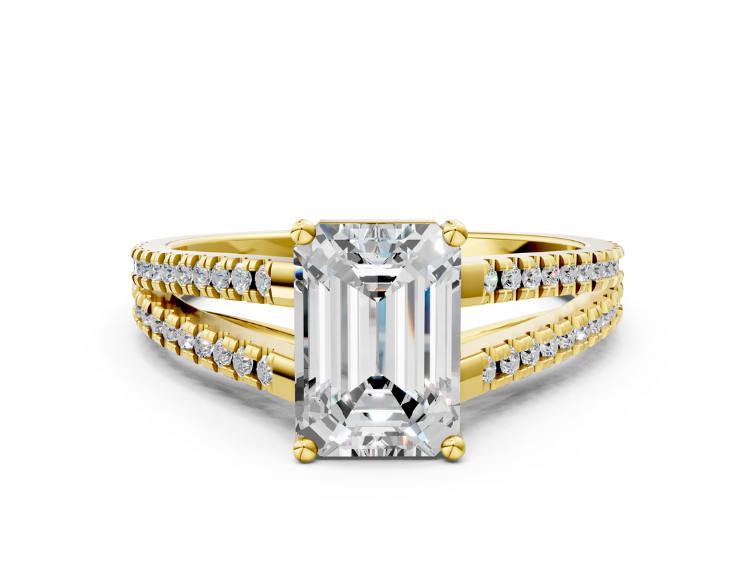 Yellow gold Emerald Solitaire Split Shank Pavé Diamond Engagement Ring_350