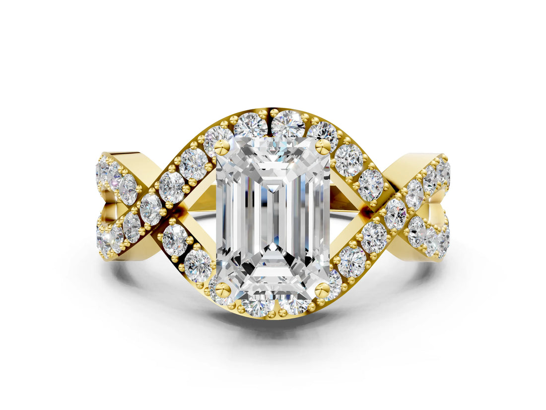 Yellow gold Emerald Solitaire Twist Band Pavé Diamond Engagement Ring_33