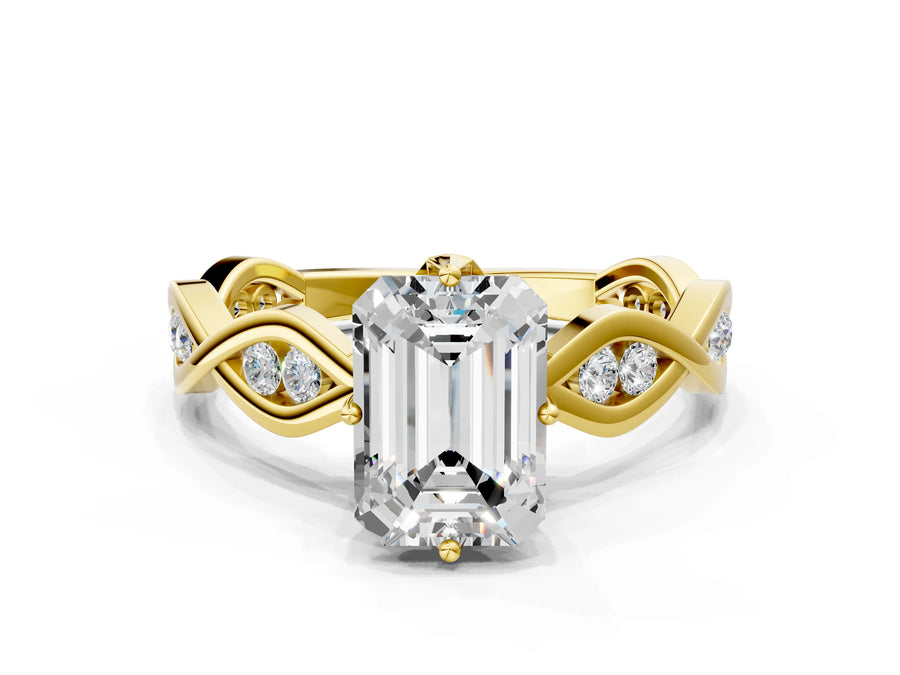 Yellow gold Emerald Solitaire Twist Band with Leaf Prong Setting