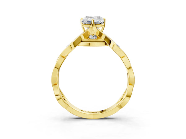 Yellow gold Emerald Solitaire Twist Band with Leaf Prong Setting