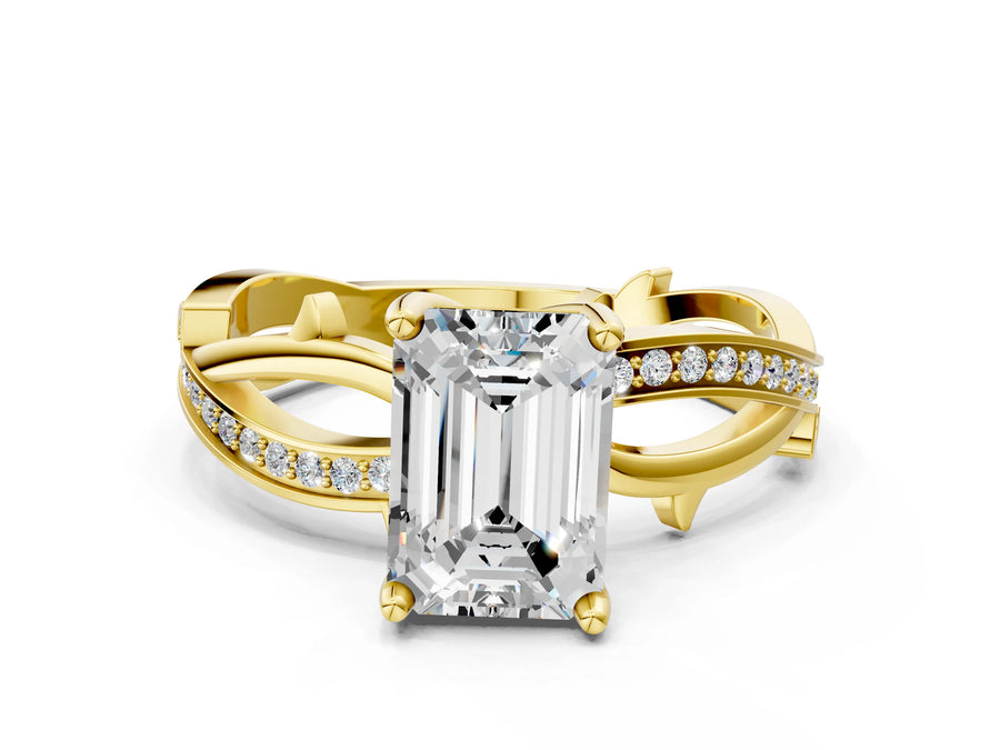Yellow gold Emerald Solitaire Twist Band with Pavé Accents and Four-Prong Setting