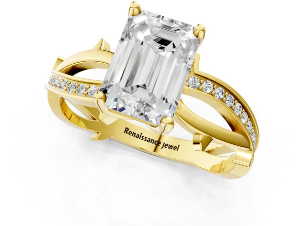 Yellow gold Emerald Solitaire Twist Band with Pavé Accents and Four-Prong Setting