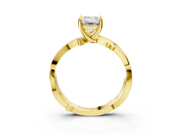 Yellow gold Emerald Solitaire Twist Band with Pavé Accents and Four-Prong Setting