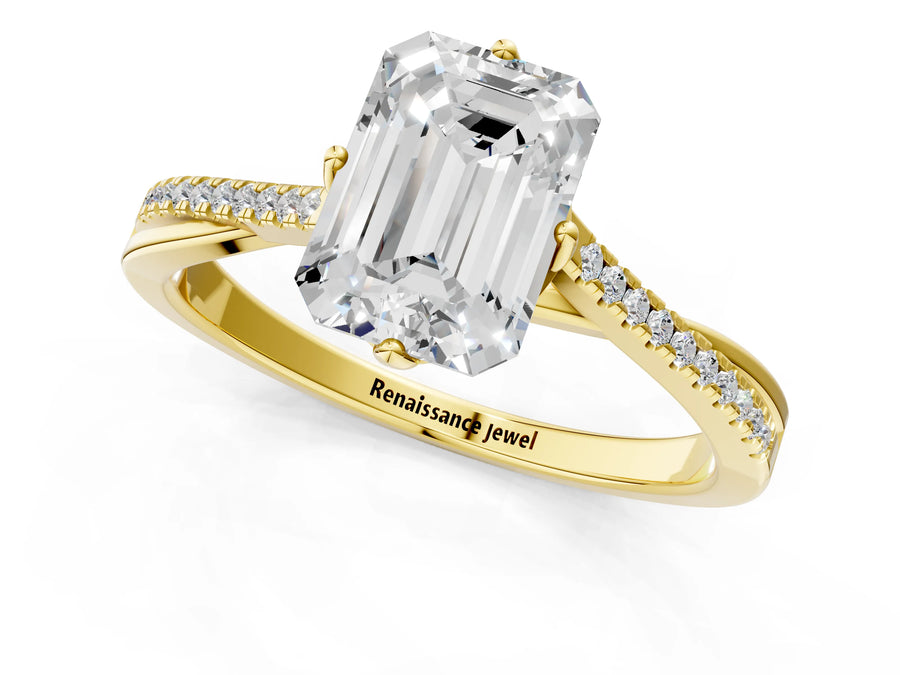 Yellow gold Emerald Solitaire Twist Band with Pavé Diamonds and Four-Prong Setting