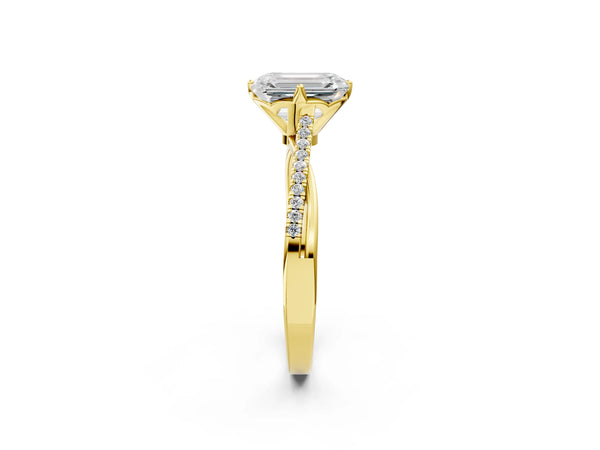 Yellow gold Emerald Solitaire Twist Band with Pavé Diamonds and Four-Prong Setting