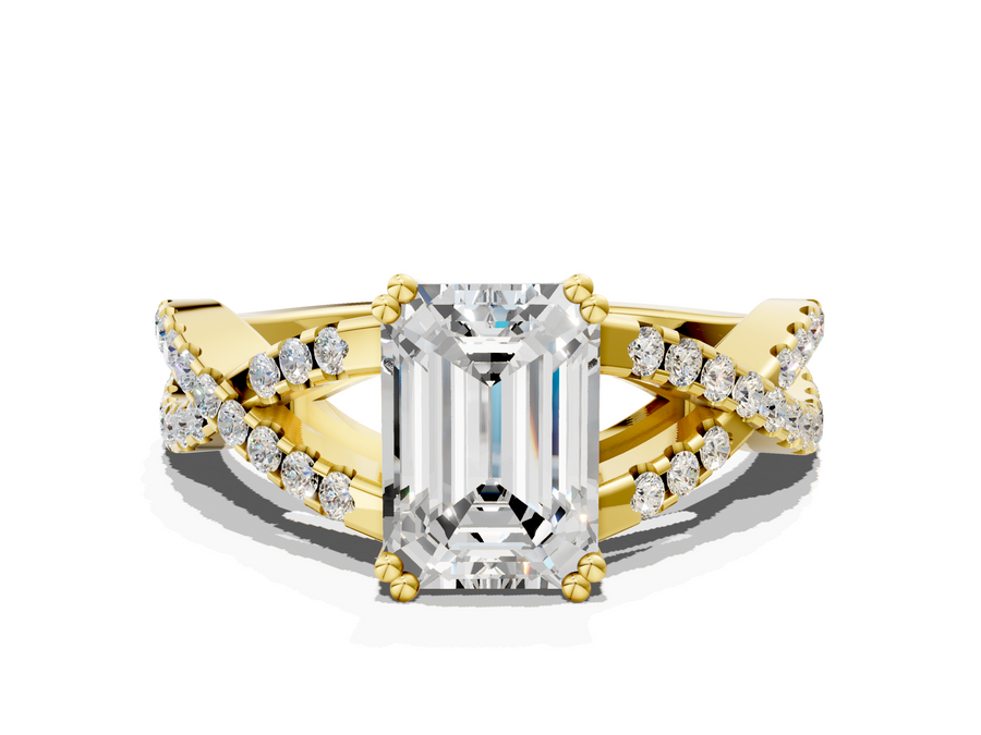 Yellow gold Emerald Cut Diamond Solitaire Ring with Four-Prong Setting and Twisted Pavé Band