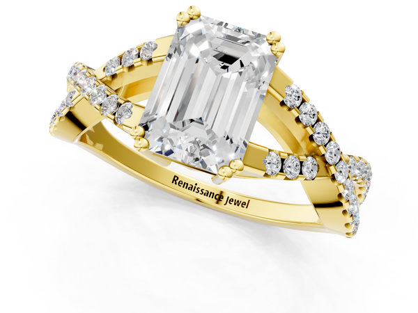 Yellow gold Emerald Cut Diamond Solitaire Ring with Four-Prong Setting and Twisted Pavé Band