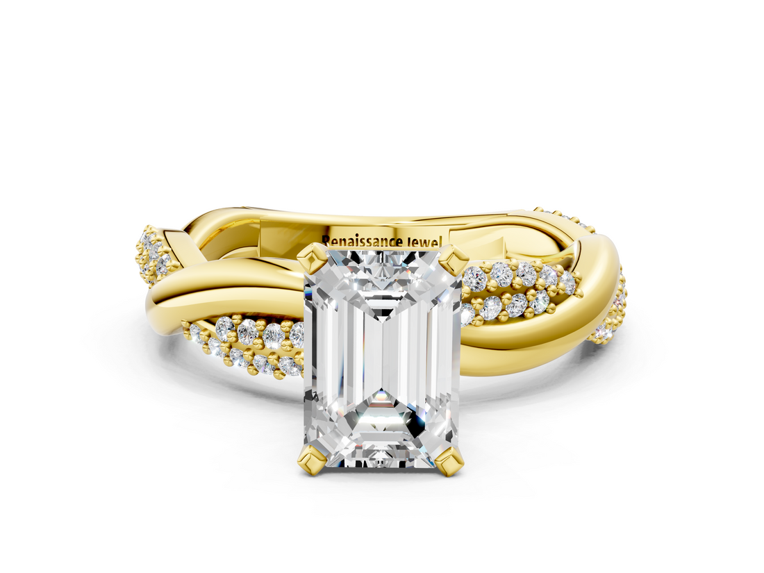 Yellow gold Emerald Solitaire Twist Band with Pave Prong Setting_53