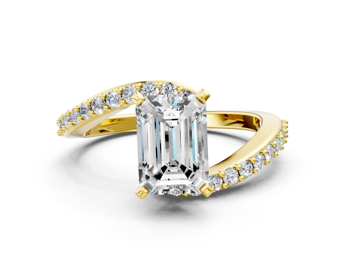 Yellow gold Emerald Solitaire Twist Band with Pave Set Diamonds and Four-Prong Setting_127