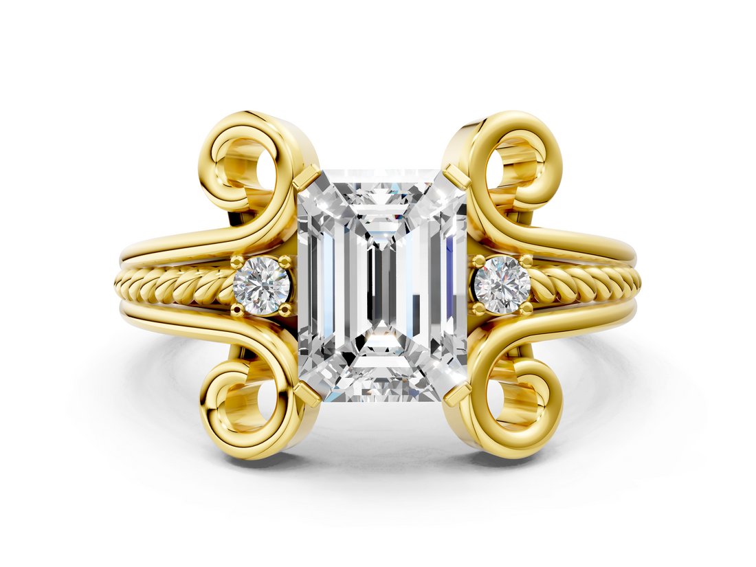 Yellow gold Emerald Solitaire Twisted Band Scroll Prong Ring_3