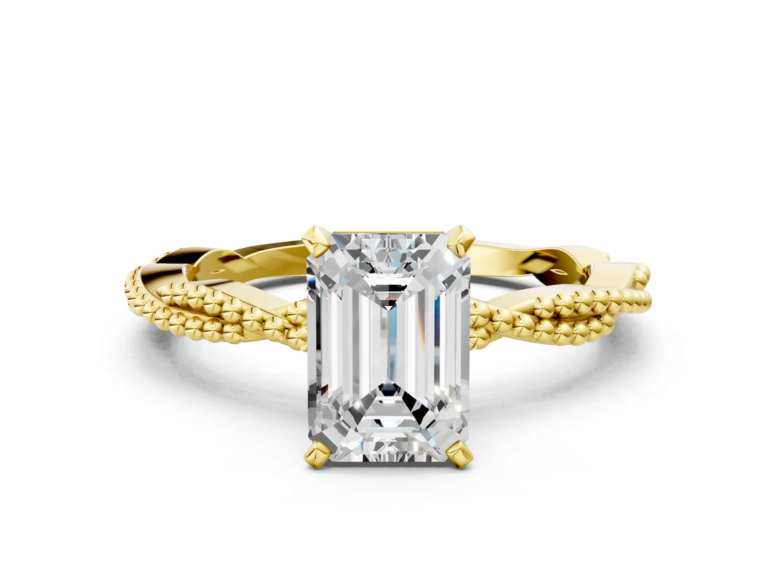 Yellow gold Emerald Solitaire Twisted Band with Bead Prong Setting_302