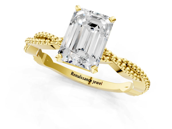 Yellow Gold Emerald Cut Solitaire Engagement Ring Setting with Beaded Twist Band and Basket Head